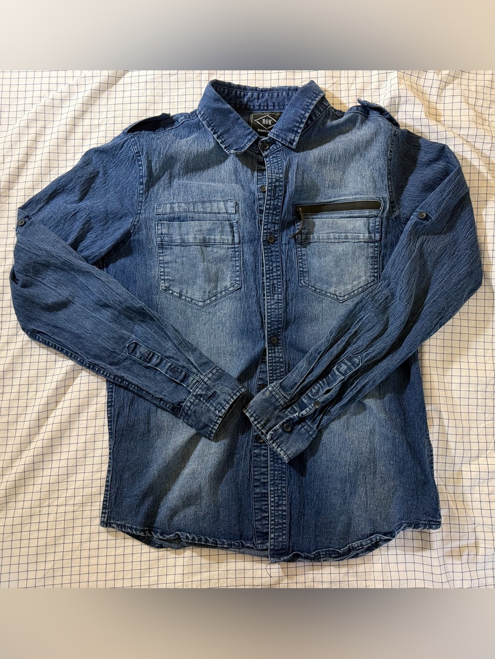 Rok - Premium Quality - Men's Dark Blue Denim Shirt Jacket with Zip Pocket